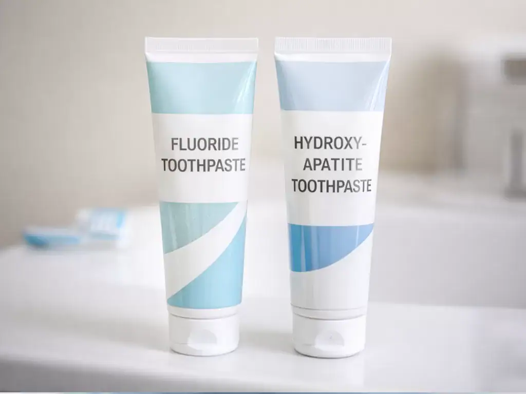 Fluoride vs hydroxyapatite toothpaste Fluoride toothpaste and hydroxyapatite toothpaste side by side for comparison
