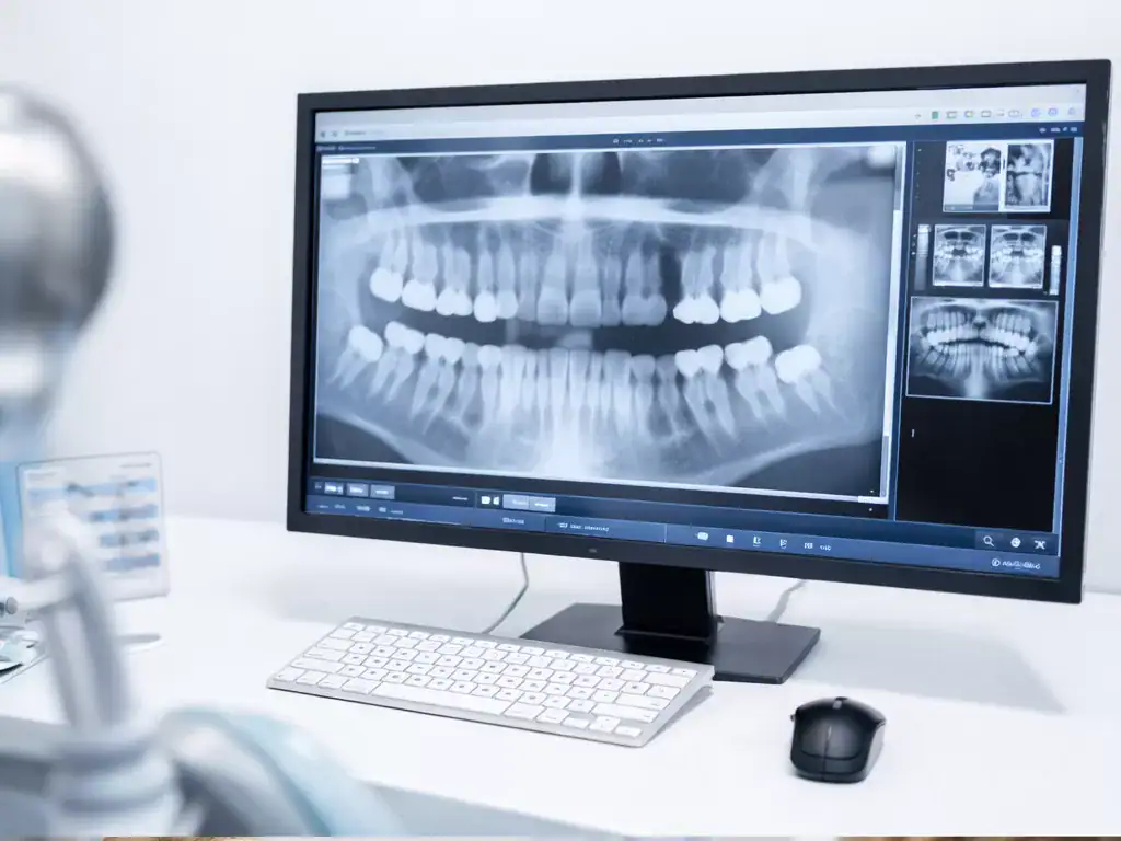 Dental X-ray monitor for orthodontic treatment planning Dental X-ray displayed on a monitor during an orthodontic consultation