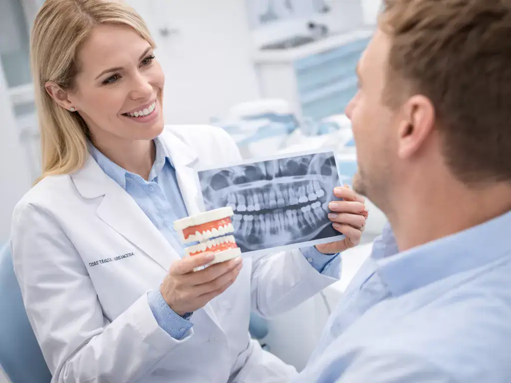 Orthodontic consultation for braces or Invisalign Dentist discussing braces or Invisalign treatment with a patient during an orthodontic consultation